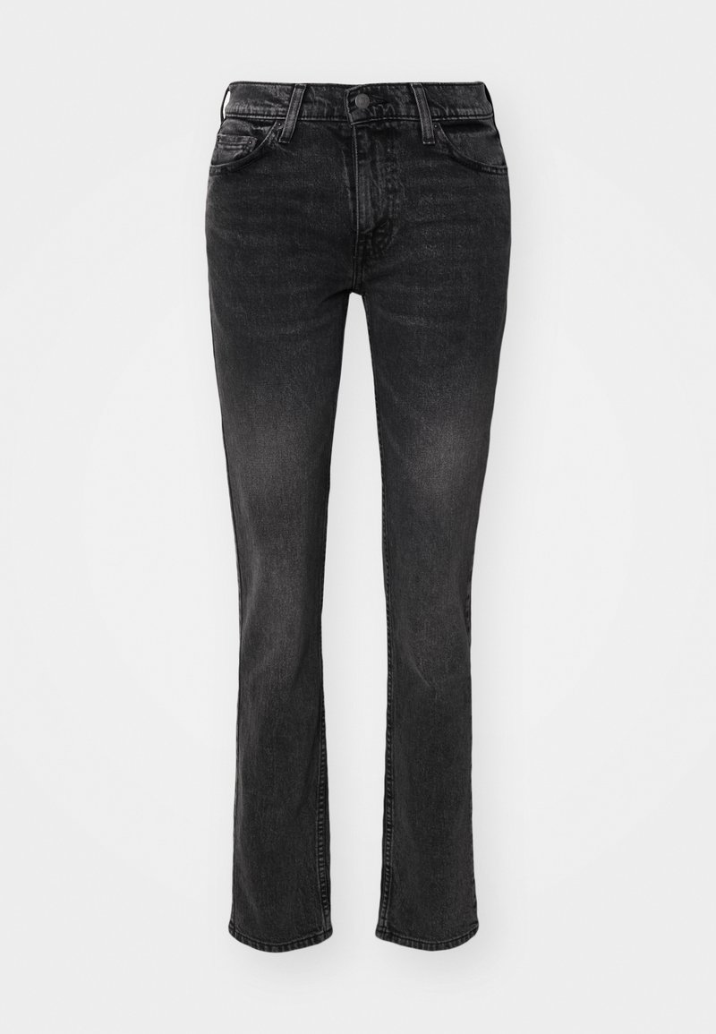 Jeans negri din denim cu un design cu picior drept, cinci buzunare, închidere cu buton metalic și o ușoară decolorare, având cusături pe laturile cusăturilor.