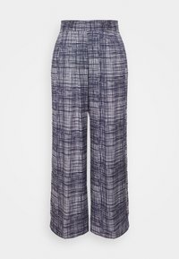 Wijdvallende broeken in een lichte stof met een marineblauw en wit ruitpatroon, met een hoge tailleband en een ontspannen pasvorm.