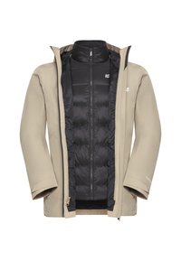 Veste imperméable beige avec une couche intérieure isolante noire. Elle présente un col haut, une fermeture éclair à l'avant et des manches réglables. Pas de motifs visibles.