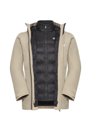 Veste imperméable beige avec une couche intérieure isolante noire. Elle présente un col haut, une fermeture éclair à l'avant et des manches réglables. Pas de motifs visibles.