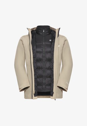 Beige waterproof jacket with a black insulated inner layer. Features a high collar, front zipper, and adjustable sleeves. No visible patterns.