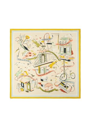 Foulard illustré présentant des scènes de New York : tranche de pizza, fleurs, pont, café et bagels, vélo, appareil photo, taxi, boutique d'occasion, café-terrasse, vitrine de magasin.