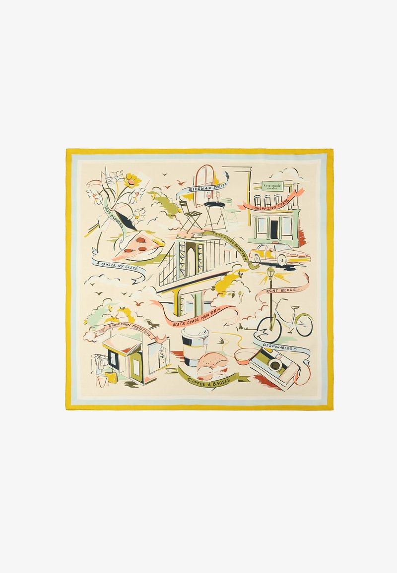 Geïllustreerde sjaal met scènes uit New York: pizzapunt, bloemen, brug, koffie en bagels, fiets, camera, taxi, tweedehandswinkel, trottoircafé, winkel etalage.