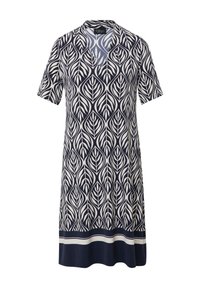 Kurzärmliges Kleid in Marineblau und Creme, mit einem Blättermuster, V-Ausschnitt und einem einfarbigen Marineblauen Saum mit weißen Akzenten.