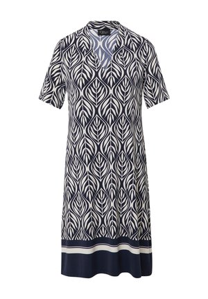 Robe à manches courtes en marine et crème, présentant un motif de feuilles, un décolleté en V et une bande marine unie en bas avec des accents blancs.