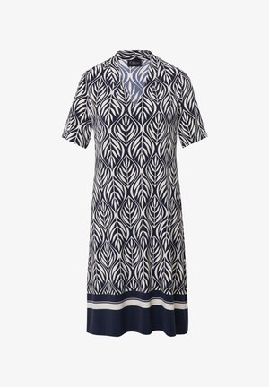 Abito a maniche corte in blu navy e crema, con un motivo a foglie, scollatura a V e un bordo solido blu navy con accenti bianchi.