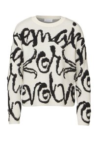 Maglione realizzato in un morbido tessuto avorio con audaci motivi in nero a trama. Maniche lunghe e scollatura rotonda.
