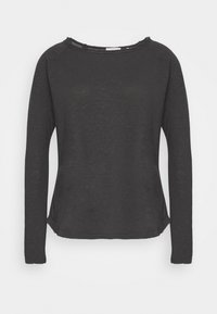 Czarna, długorękawowa koszulka wykonana z lekkiego, teksturowanego materiału. Posiada okrągły dekolt i luźny krój z bocznymi rozcięciami.