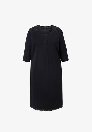 Black cotton nightdress with short sleeves, rounded neckline, button closure, pleat at the front, and lace accents on shoulders and hem.
