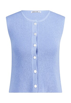Cardigan sans manches bleu clair, à texture côtelée ; présente une fermeture à boutons sur le devant avec cinq boutons blancs. Étiquette de marque visible au col.