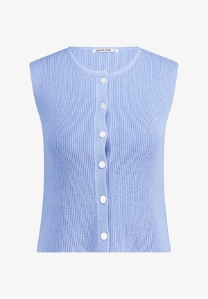 Vaaleansininen, hihaton neuletakki, jossa on ribbikuviointi. Etupuolella on nappikiinnitys, jossa on viisi valkoista nappia. Brändilogo näkyvissä kauluksessa.