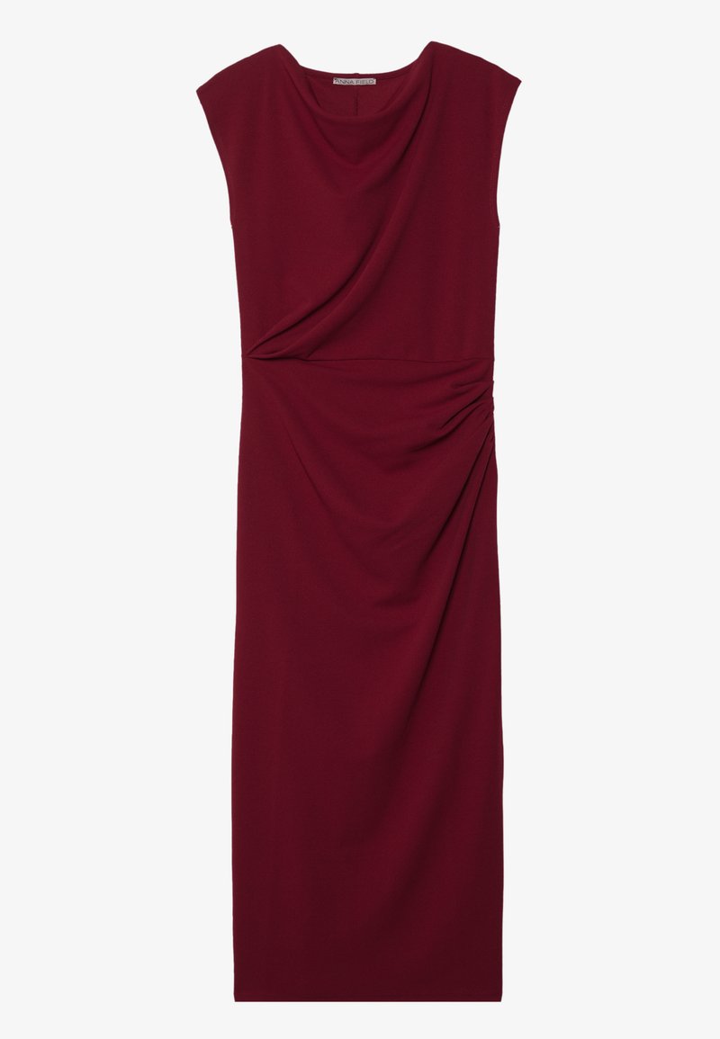 Burgundy fitted dress, draped neckline, cap sleeves, and side ruching details, made from soft, stretchy fabric. Smooth texture throughout.