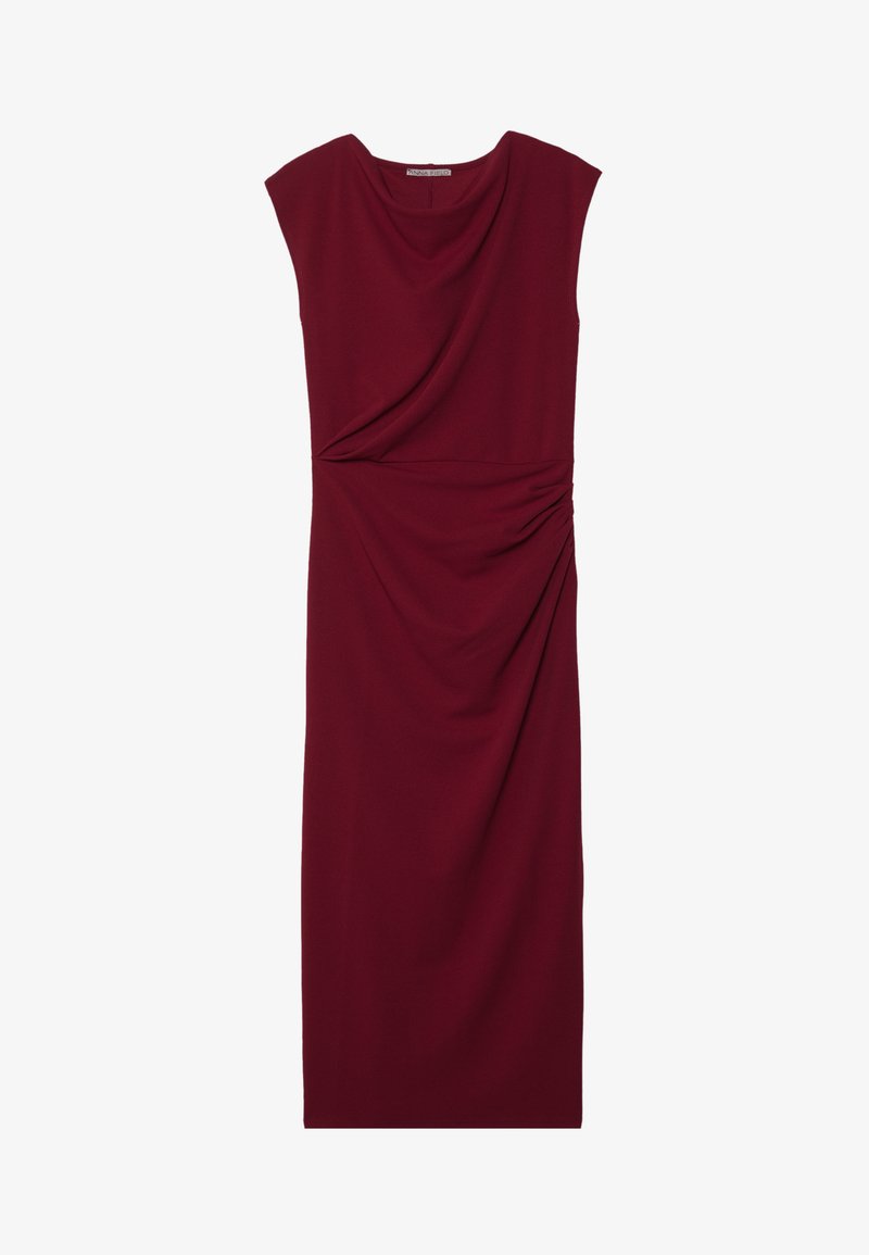Burgundy fitted dress, draped neckline, cap sleeves, and side ruching details, made from soft, stretchy fabric. Smooth texture throughout.