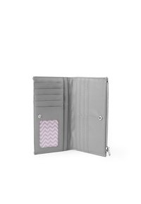 Gray faux leather wallet with multiple card slots, a transparent ID window featuring a pink chevron pattern, and a zip compartment.
