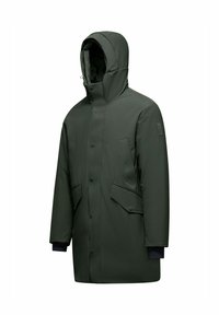Parka lunga verde con cappuccio, con bottoni a pressione, due tasche frontali e polsini a coste. Tessuto liscio e impermeabile.
