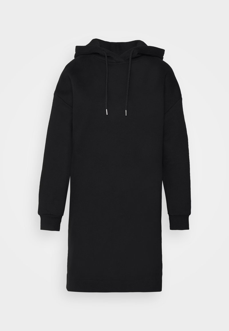 Robe sweat à capuche longue noire avec manches longues et cordon à la capuche, présentée sur fond blanc.