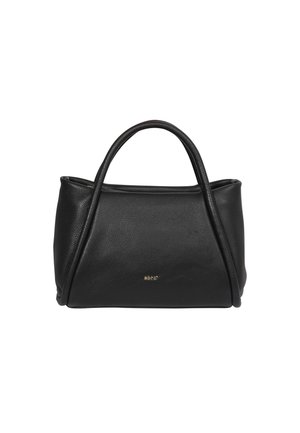 Schwarze Lederhandtasche mit einer abgerundeten Silhouette, zwei oberen Griffen und dezenten goldenen Logo-Details. Glatte Textur mit minimalistischem Design.