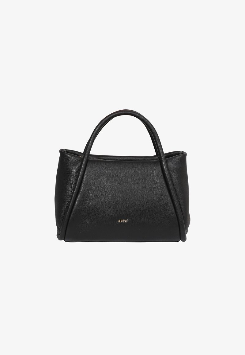 Black leather handbag with a rounded silhouette, two top handles, and subtle gold logo detailing. Smooth texture with a minimalist design.