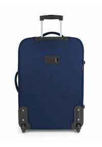 Maleta de ruedas navy con mango retráctil, acentos grises y un bolsillo frontal para identificación; cuenta con tejido duradero y ruedas resistentes.