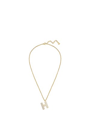 Collier chaîne en or avec un pendentif lettre H géométrique et un fermoir réglable sur fond blanc.