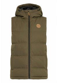 Gilet sans manches en duvet vert olive avec capuche, doté d'une fermeture à glissière centrale, de poches latérales et d'un patch en cuir rond sur la poitrine.