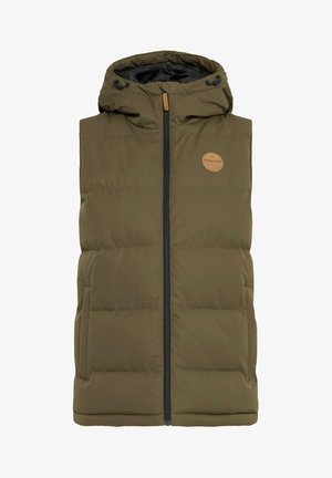 Olive roheline, varrukateta pufvest, millel on kapuuts, keskne lukk, küljetaskud ja ringikujuline nahast logoäpplikatsioon rinnal.