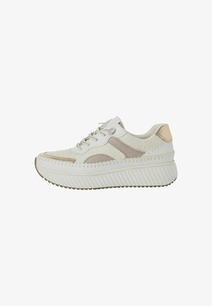Weiße Sneaker aus strukturiertem Stoff, mit beigen Akzenten und einer klobigen, gerippten Sohle. Verfügt über flache Schnürsenkel und dekorative Nähte.