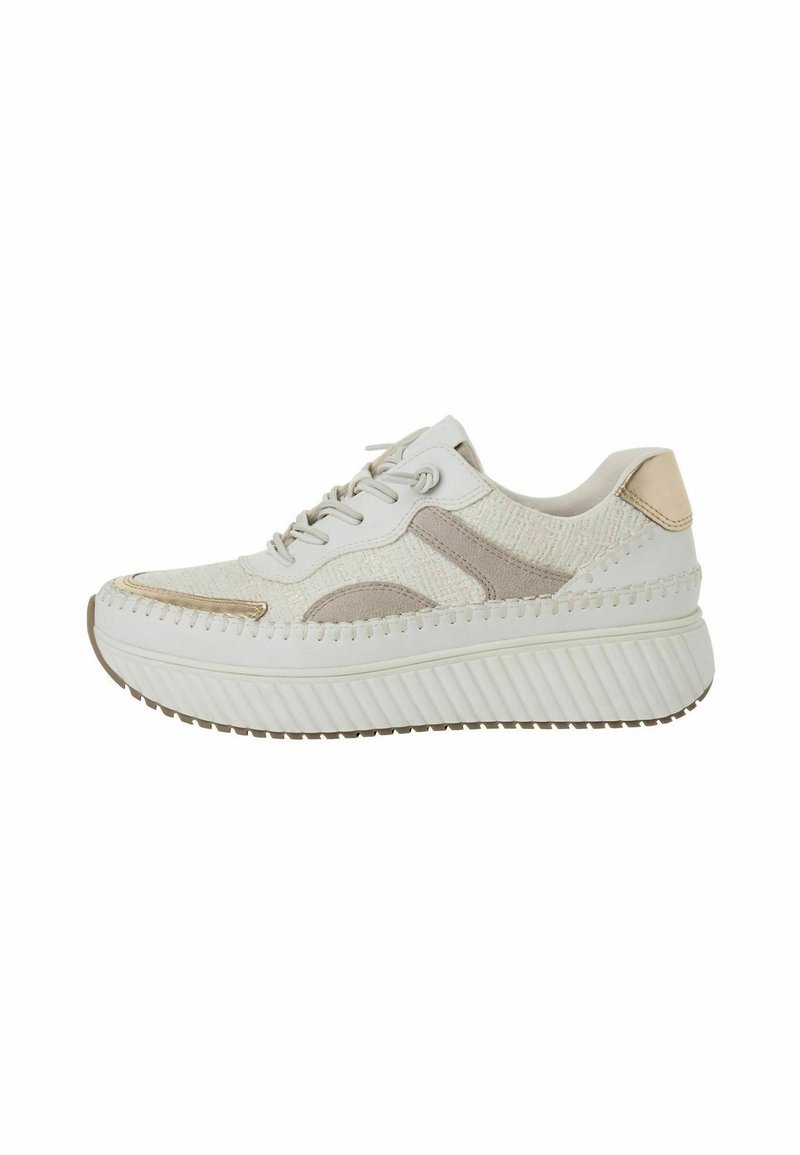 White sneakers with textured fabric, beige accents, and a chunky ridged sole. Features flat laces and decorative stitching.