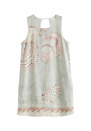 Ärmelloses hellgraues Kleid mit großen rosa und beigen Muschelmustern und einem Ausschnitt am Rückenausschnitt.