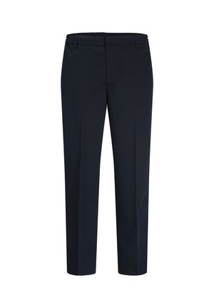 Pantalon formel bleu marine foncé avec passants de ceinture, fermeture éclair avant et coupe droite des jambes sur fond blanc.