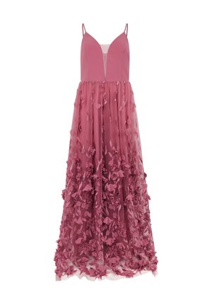 Ärmellanges, langes Kleid in Mauve mit floraler Applikation am Netzrock und tiefem V-Ausschnitt mit dünnen Schulterriemen.