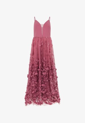 Ärmellanges, langes Kleid in Mauve mit floraler Applikation am Netzrock und tiefem V-Ausschnitt mit dünnen Schulterriemen.