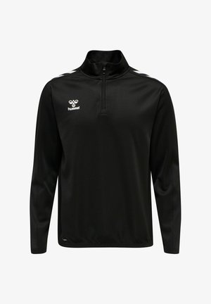 Czarny polar z wysokim kołnierzem, zamek z przodu, długimi rękawami i białym logo. Posiada kontrastowe białe paski na ramionach.