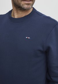 Felpa blu navy realizzata in cotone morbido, dotata di colletto tondo, polsini a costine e un piccolo logo a strisce orizzontali in rosso, bianco e blu.