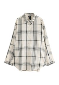 Crèmefärgad långärmad skjorta med knäppning, svart och grå rutmönster, klassisk krage och lös passform.