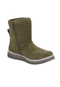 Olivgrüne Wildleder-Stiefelette mit seitlichem Reißverschluss, runder Zehenpartie und strukturiertem Gummisohle für guten Halt. Hinterer Schlaufen für einfaches Anziehen.