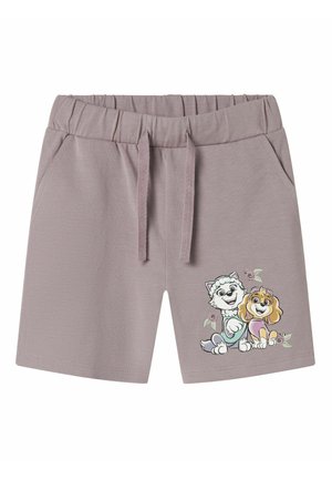 Lichtpaarse katoenen shorts met een elastische tailleband en koord, met een afbeelding van een hond en een puppy met bloemige accenten.