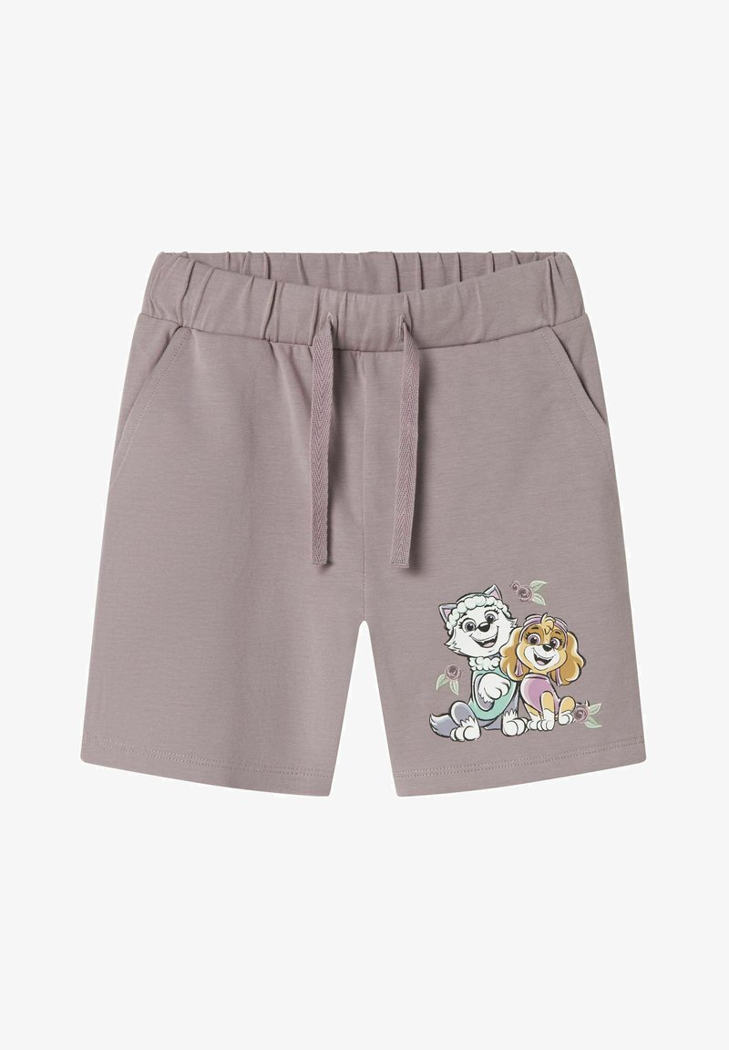Pantaloni corti di cotone viola chiaro con vita elastica e cordoncino, caratterizzati da una grafica di un cane e un cucciolo arricchita da accenti floreali.