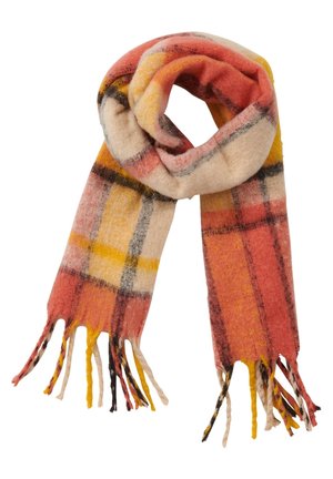 Écharpe en laine douce à motif à carreaux orange, jaune, beige et noir, avec des extrémités à franges, pliée en boucle.