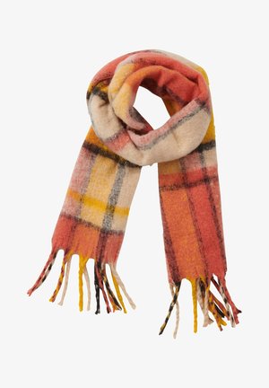 Écharpe en laine douce à motif à carreaux orange, jaune, beige et noir, avec des extrémités à franges, pliée en boucle.