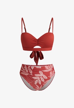 Rood bikiniset met een gestructureerde, geraffineerde top met een sleutelgatuitsnijding en een strik aan de achterkant. Hoge taille onderkant met witte bladerenpatronen.