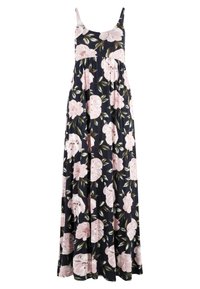 Kwiatowa sukienka maxi na granatowym tle, z dużymi różowymi kwiatami i zielonymi liśćmi; wykonana z lekkiego, zwiewnego materiału z ramiączkami typu spaghetti.