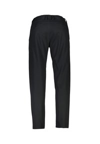 Pantalons noirs à coupe fuselée, taille élastique, deux poches arrière avec fermeture à bouton et texture de tissu lisse.
