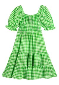 Vihreä viikinkikuvioinen mekko, jossa on neliöön muotoiltu kaula-aukko, puffihihat ja kerroksellinen hame. Ominaisuuksiin kuuluu kerätty jousto bodice- ja hihoissa.
