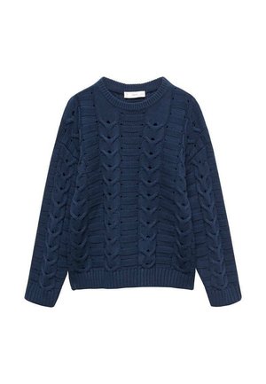 Suéter de punto azul marino con patrones de trenzas y canalé, mangas largas y escote redondo.