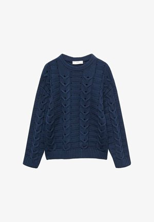Maglione blu navy lavorato a maglia con motivi a trecce e a coste, maniche lunghe e scollo rotondo.