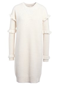 Sweter-kombinezon w kolorze kremowym, dzianinowy, o prążkowanej strukturze, z okrągłym dekoltem i falbanami na rękawach. Długie rękawy oraz luźny krój.