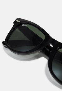 Gafas de sol Wayfarer de plástico negro con lentes verde oscuro, que presentan un acento plateado en la montura y una marca grabada en el interior.