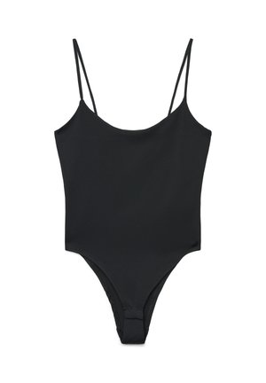 Body nero senza maniche con sottili spalline a spaghetti e un design aderente e senza cuciture.