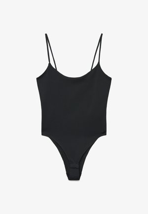 Body nero senza maniche con sottili spalline a spaghetti e un design aderente e senza cuciture.